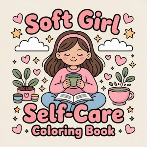 以下が含まれることがあります： ピンクのセーターを着て、緑のカップを持ち、本を読んでいる茶色の髪の女性のデジタルイラスト。画像には、「Soft Girl Self-Care Coloring Book」というテキストと、ハート、星、植物が含まれています。