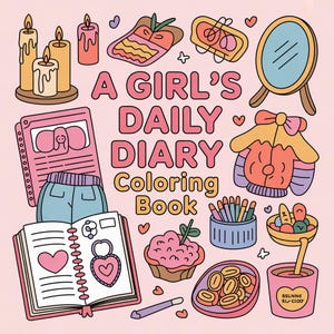 以下が含まれることがあります： 様々なオブジェクトが描かれた「A Girl's Daily Diary Coloring Book」のイラスト。ろうそく、鏡、ノート、カップケーキ、ペンなどが含まれています。テキストはピンクと黄色で、背景はピンクです。