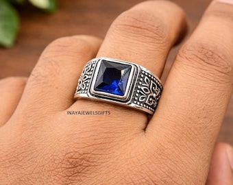 Anillo de zafiro azul para hombre - Anillo de plata de ley 925 hecho a mano estilo vintage