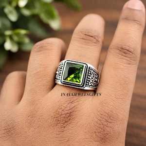 Herren Sterling Silber Grün Peridot Ring - Natürlicher Edelstein Schmuck
