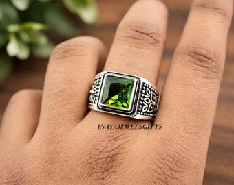 Sterlingzilveren ring heren groene peridoot – natuurlijke edelsteen statement-sieraden