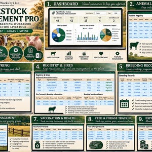 Pode incluir: Pasta de trabalho Excel Livestock Management Pro para gado, ovelhas, cabras e suínos. O modelo digital inclui nove secções com um painel de controlo, registo de animais, registos de nascimentos, dados de criação e controlo de despesas.