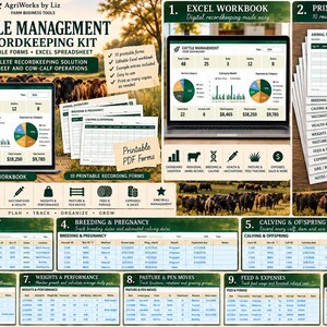 Puede incluir: Un kit de registro para la gestión de ganado que incluye un libro de Excel digital y diez formularios PDF imprimibles. El kit contiene paneles, inventario animal, cría, parto, salud, peso, pastos, alimentación y gastos.