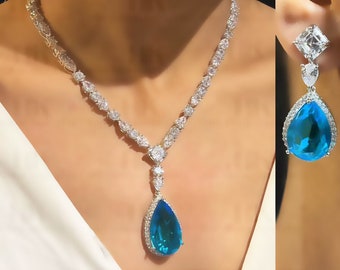 Aqua Blue Teardrop Cubic Zirconia Necklace Earrings Bridal Jewelry Set, Bridal Drop Earrings, Wedding Jewelry, Bridesmaid Jewelry