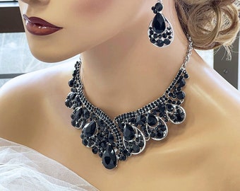 Black Bridal Jewelry Set, Chunky Teardrop Crystal Necklace Earrings for Wedding Glamour, Evening Necklace Statement Jewelry, Gift for Her