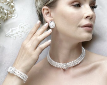 Bridal jewelry set, Bridal choker necklace earrings, Wedding choker, white Victorian pearl jewelry set, bridesmaid jewelry, choker set