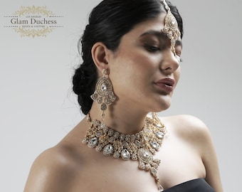 Rose Gold Indian Bridal Jewelry Set, Bridal Necklace Earring Set, Crystal Statement Necklace, Kundan Jewelry Set, Bollywood Jewelry Set