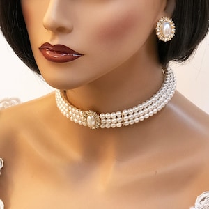 Bridal jewelry set, Bridal choker necklace earrings, Wedding choker, white Victorian pearl jewelry set, bridesmaid jewelry, choker set image 1