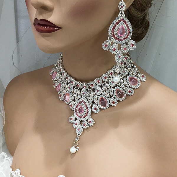 Indian Bridal Jewelry Set, Bridal Necklace and Earring Set, Crystal Statement Necklace, Kundan Jewelry Set, Bollywood Jewelry Set