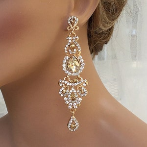 Champagne Bridal Earrings, Victorian Drop Earrings, Gold Wedding Earrings, Chandelier Bridal Earrings, Long Dangle Earrings, Bridal Jewelry image 1
