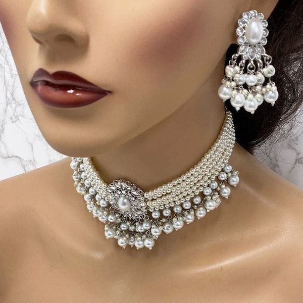 Jewelry for Bride, Indian Bridal Jewelry Set, Victorian Pearl Choker Necklace Earrings, Kundan Jewelry, Ivory Pearl Choker statement Set