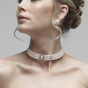 Bridal jewelry set, Bridal choker necklace earrings, Wedding choker, white Victorian pearl jewelry set, bridesmaid jewelry, choker set image 4