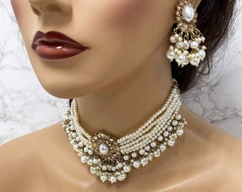 Bridal Jewelry Set, Victorian Pearl Choker Necklace Earrings, Indian Bridal Jewelry Set, Kundan Jewelry, Ivory Pearl Choker statement Set