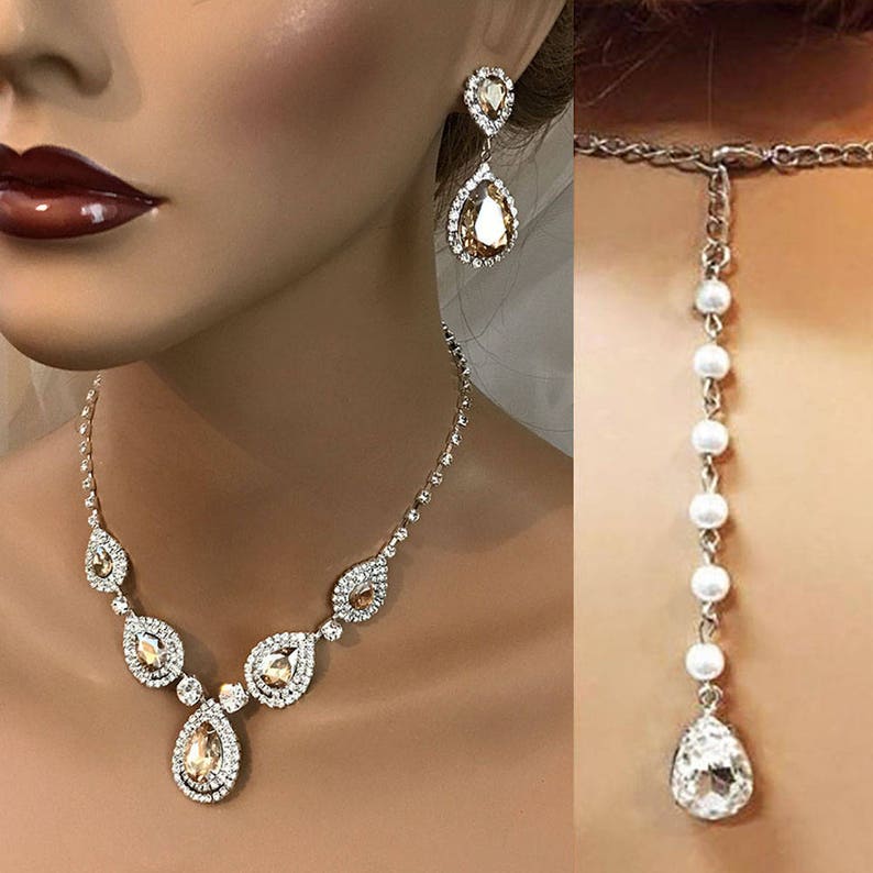 maid of honor bridesmaid jewelry Bridal backdrop necklace Wedding jewelry wedding necklace earrings Champagne crystal bridal jewelry set