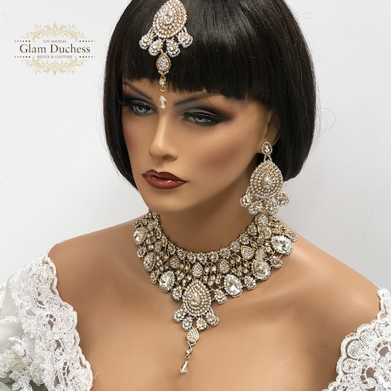 Gold Indian Bridal Jewelry Set, Bridal Choker Necklace Earring Set, Rose Gold Kundan Jewelry Set, Silver Bollywood Jewelry, Tikka Headpiece