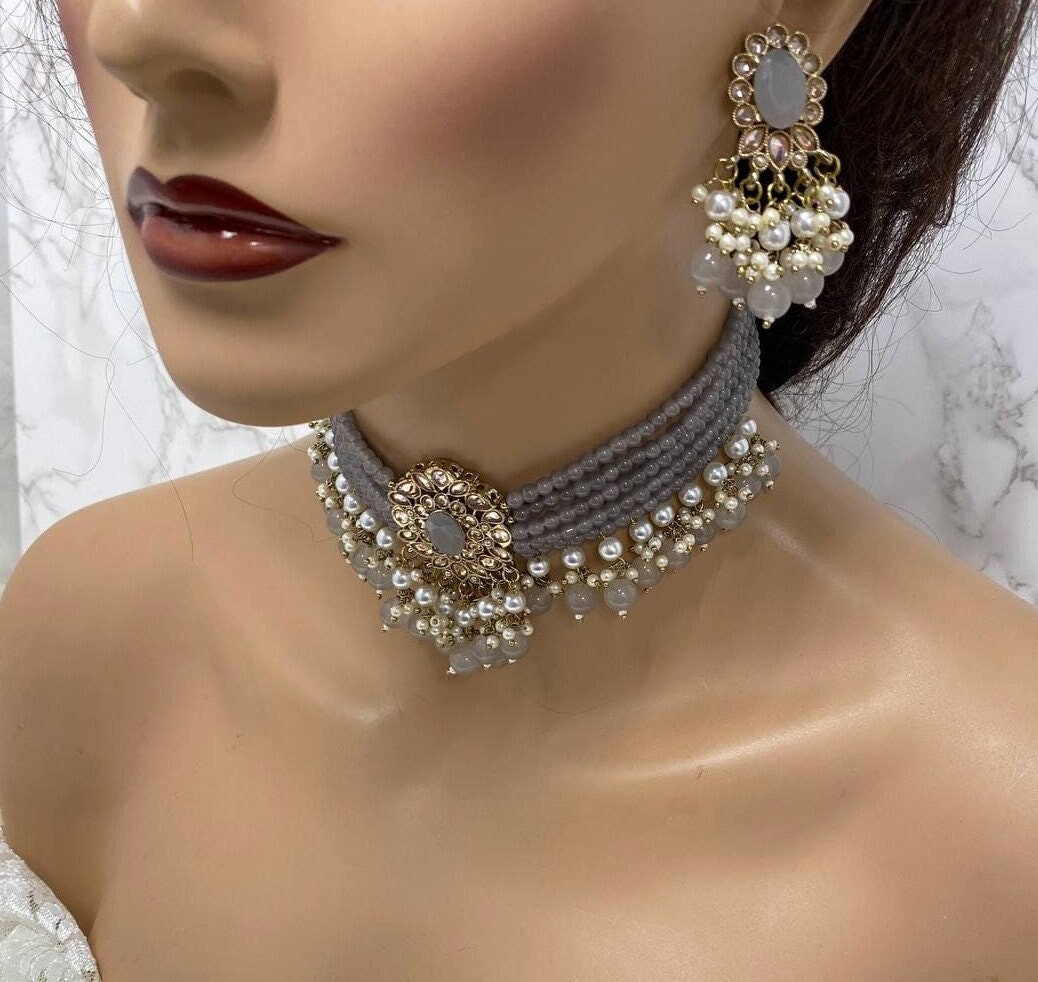 GlamDuchess Bridal Set, Pearl Choker Necklace Earrings, Indian Bridal Jewelry Set, Kundan Jewelry, Victorian Pearl Choker Statement, Bollywood Jewelry