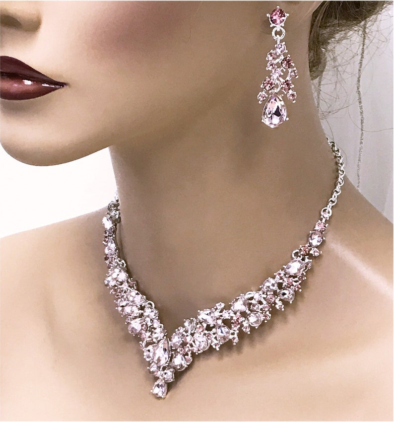 Prom Jewelry Set,Pink Bridal Necklace Earrings Peach Blush Crystal Backdrop Necklace Set Sapphire V Shape Bridal Jewelry Set Champagne