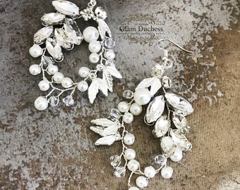 Bridal Earrings, Leaves flower Crystal Pearl Earrings, Bridesmaid Earrings, Handmade Silver Bridal Earrings, Wedding Hoop Earrings