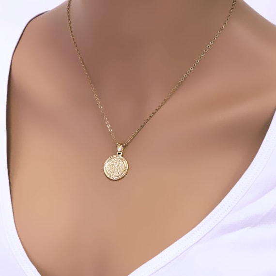 Saint Benedict Gold Medal Pendant, St Benedict Necklace, Stainless Steel Gold Medallion Coin Necklace, Saint Benedict Pendant Necklace