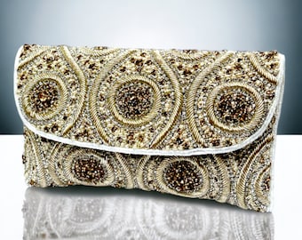 One of a Kind Handmade Ivory Gold Pearl Beaded Clutch, Prom Clutch, Envelope Clutch