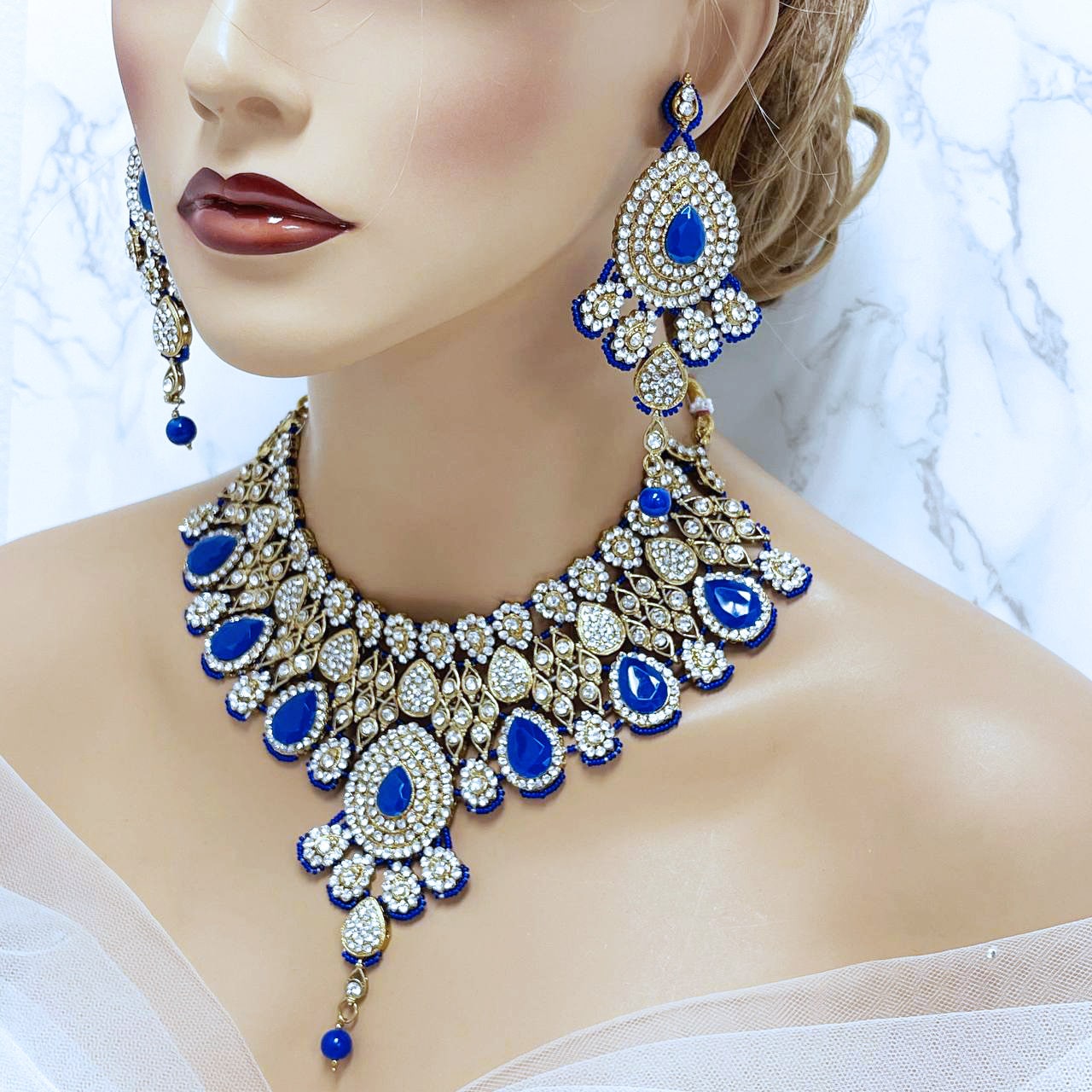 Bridal Choker Necklace Earring Set Royal Blue Jewelry for Bride