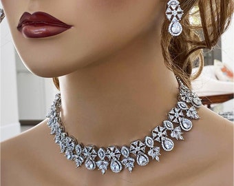 Cubic Zirconia Bridal Jewelry Set, Luxury Bridal Necklace Choker Earrings, Wedding Jewelry, Classic Hollywood Jewelry, Special Gift For Her