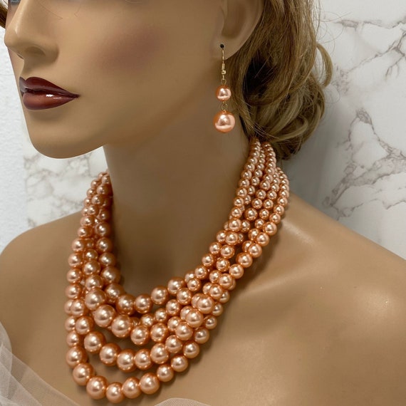 Blush Pearl Layered necklace earrings, bridal jewelry set, Wedding jewelry set, bridesmaids jewelry set, pearl jewelry, bridesmaid necklace
