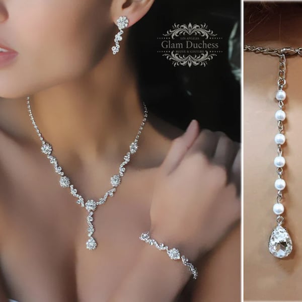 Bridal Backdrop V Shape Necklace Earring Set, Bridal Jewelry Set, Bridesmaid Jewelry, Silver Plated Leaf Flower Crystal Prom Necklace Set