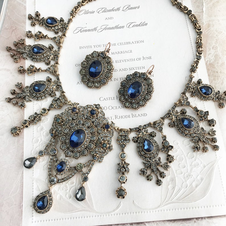 Gothic Jewelry Bridal Jewelry Set Sapphire Blue Jewelry Bronze Antique Gold Necklace Earrings Bracelet,Vintage Inspired Victorian Jewelry