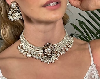 Jewelry Set for Bride, Victorian Pearl Choker Necklace Earrings, Indian Bridal Jewelry Set, Kundan Jewelry, Ivory Pearl Choker statement Set
