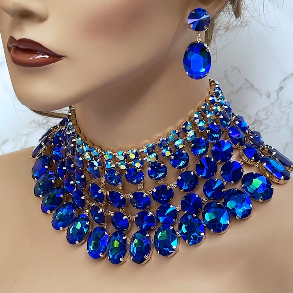 Bridal Jewelry Set, AB Sapphire Blue Bib Necklace Earrings, Royal Blue Wedding Jewelry, Ballroom Jewelry Set, Special Occasion Jewelry Set