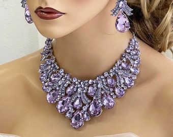 Klobiger Kristall-Amethyst-Lila-Hochzeitsschmuck, Halsketten-Ohrringe für die Braut, Hochzeits-Halsketten-Set, Geschenk für die Braut oder einen besonderen Anlass