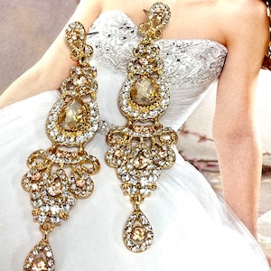 Champagne Bridal Earrings, Victorian Drop Earrings, Gold Wedding Earrings, Chandelier Bridal Earrings, Long Dangle Earrings, Bridal Jewelry image 3