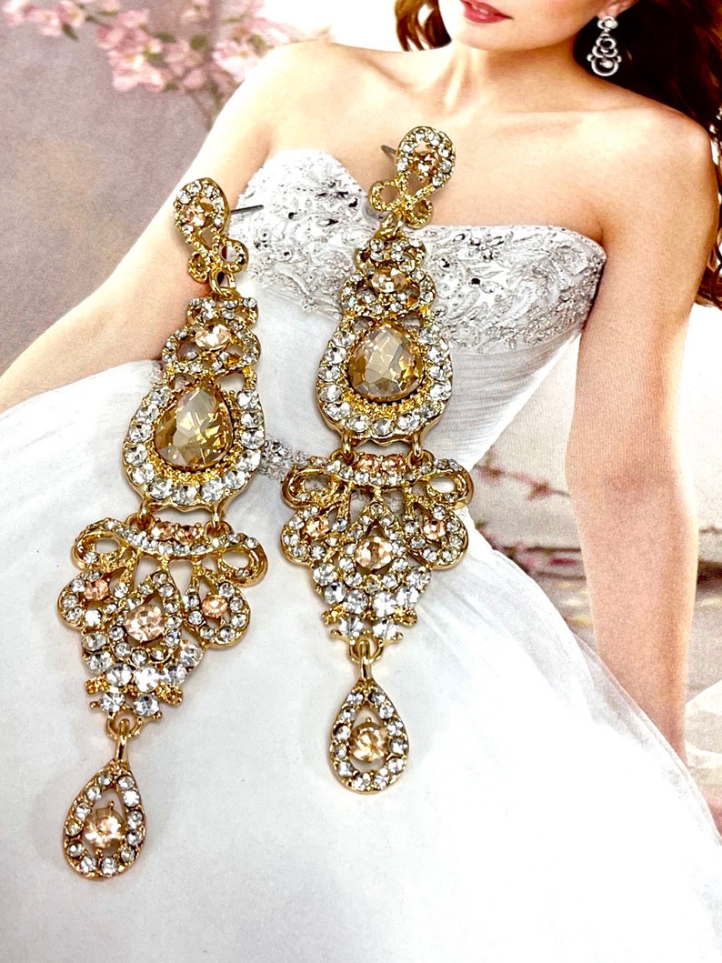Champagne Bridal Earrings, Victorian Drop Earrings, Gold Wedding Earrings, Chandelier Bridal Earrings, Long Dangle Earrings, Bridal Jewelry image 10