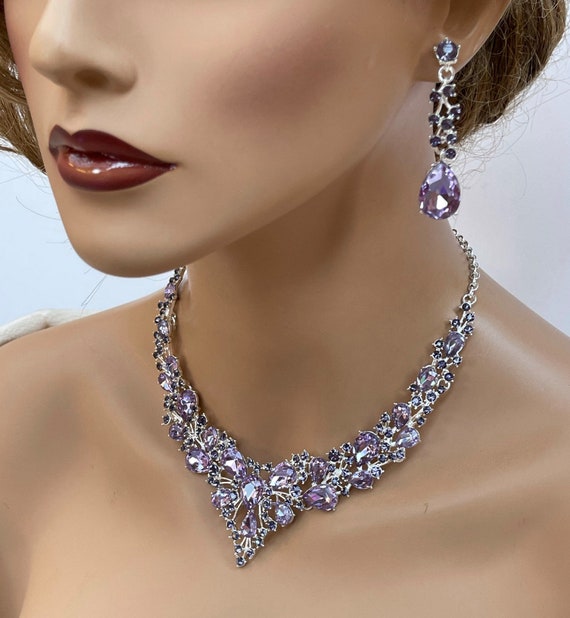 Purple Crystal Necklaces  Earring set wedding bridesmaid prom birthday Christmas 
