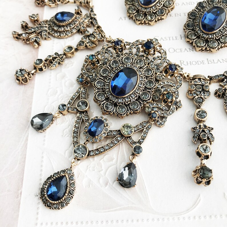 Gothic Jewelry Bridal Jewelry Set Sapphire Blue Jewelry Bronze Antique Gold Necklace Earrings Bracelet,Vintage Inspired Victorian Jewelry