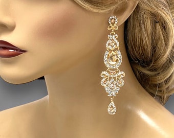 Champagne Bridal Earrings, Victorian Drop Earrings, Gold Wedding Earrings, Chandelier Bridal Earrings, Long Dangle Earrings, Bridal Jewelry