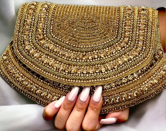 Bridal Clutch, Evening Bag, Bridal Gold Beaded Clutch, Wedding Clutch, Prom Clutch, Envelope Clutch, Party Clutch, Bridesmaid Clutch