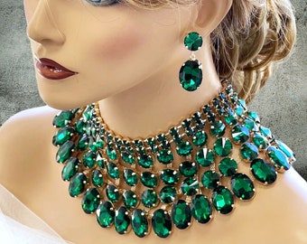 Emerald Green Chunky Wedding Necklace Earrings Jewelry Set, Ballroom Jewelry, Drag Queen Bib Necklace Statement,