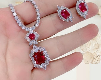 Bridesmaid Jewelry Set, Red Cubic Zircon Wedding Jewelry Set, Evening Necklace Earrings set, Jewelry for Wedding, Prom Jewelry,Gift For Her