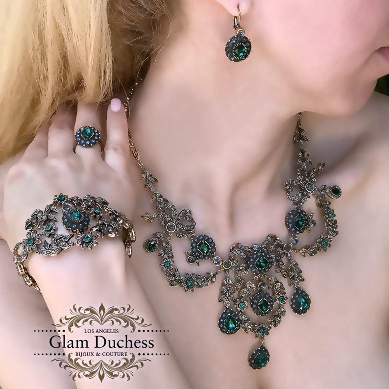 Emerald Green Vintage Inspired Victorian Jewelry Set Bronze Antique Gold Ballroom Bridal Necklace Earrings Bracelet set Bridal Jewelry Set