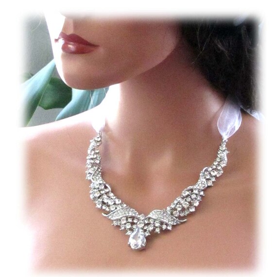 Items similar to Bridal statement, rhinestone necklace, vintage