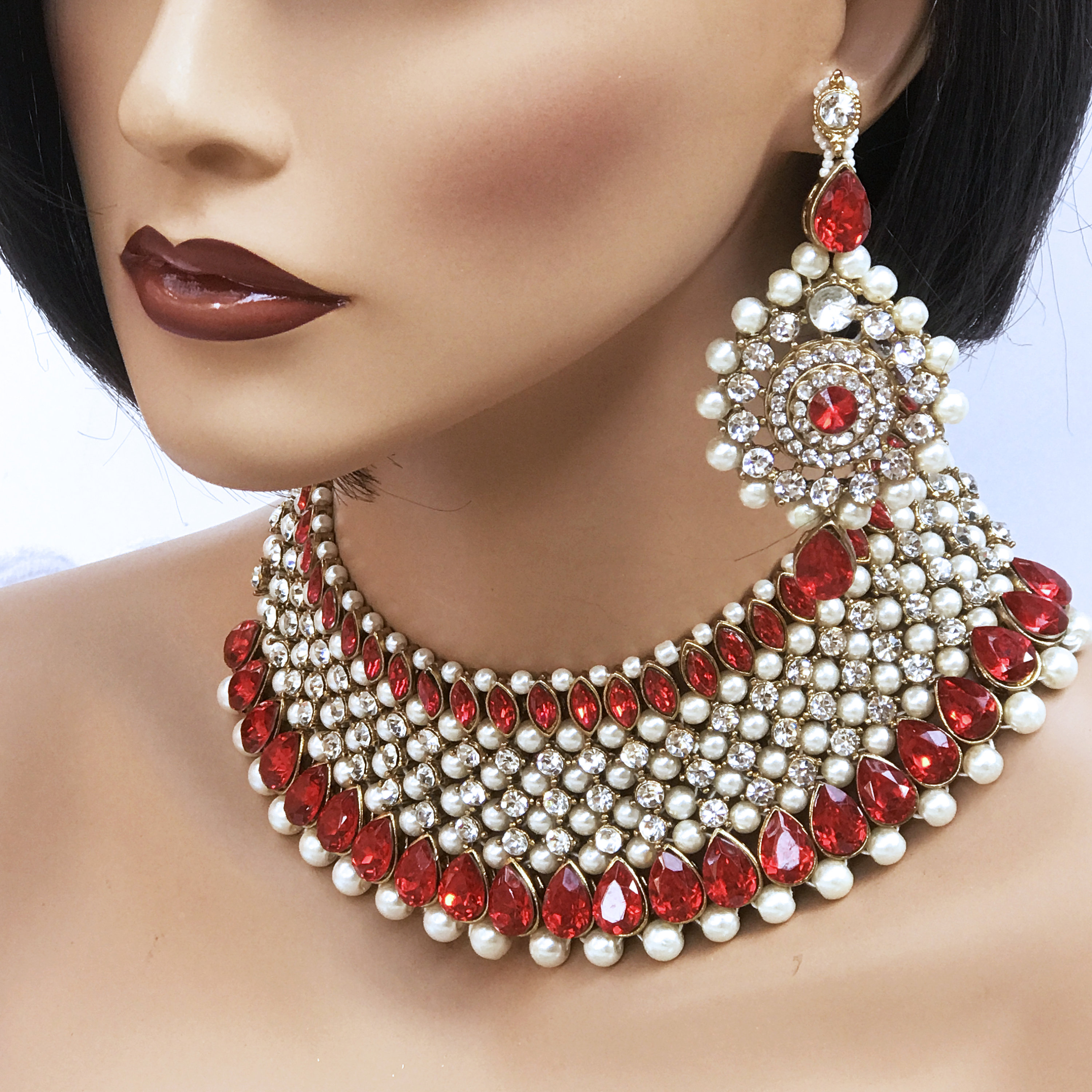 Indian Bridal Red Kundan Pearl Choker Necklace Earring Bollywood Jewelry Set Indian Bridal Red Kundan Pearl Choker Necklace Earring Bollywood Jewelry Set