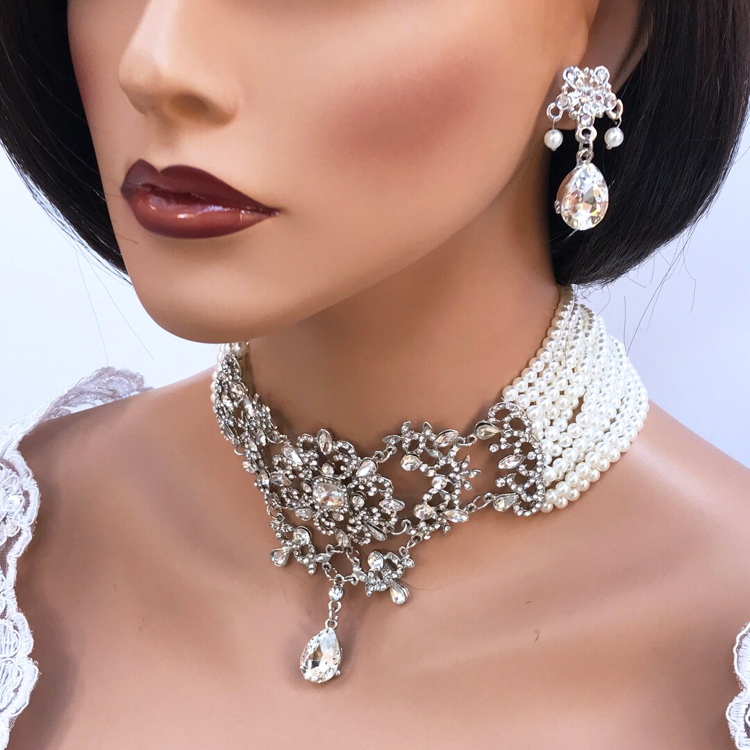 Bridal Jewelry, Bridal Choker Statement Necklace Earrings, Vintage Inspired Victorian Pearl