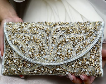 Gold Bridal Beaded Clutch, Wedding Clutch, Gold evening Bag, Fashion clutch, Prom Clutch, Envelope Clutch, Party Clutch, Birthday gift