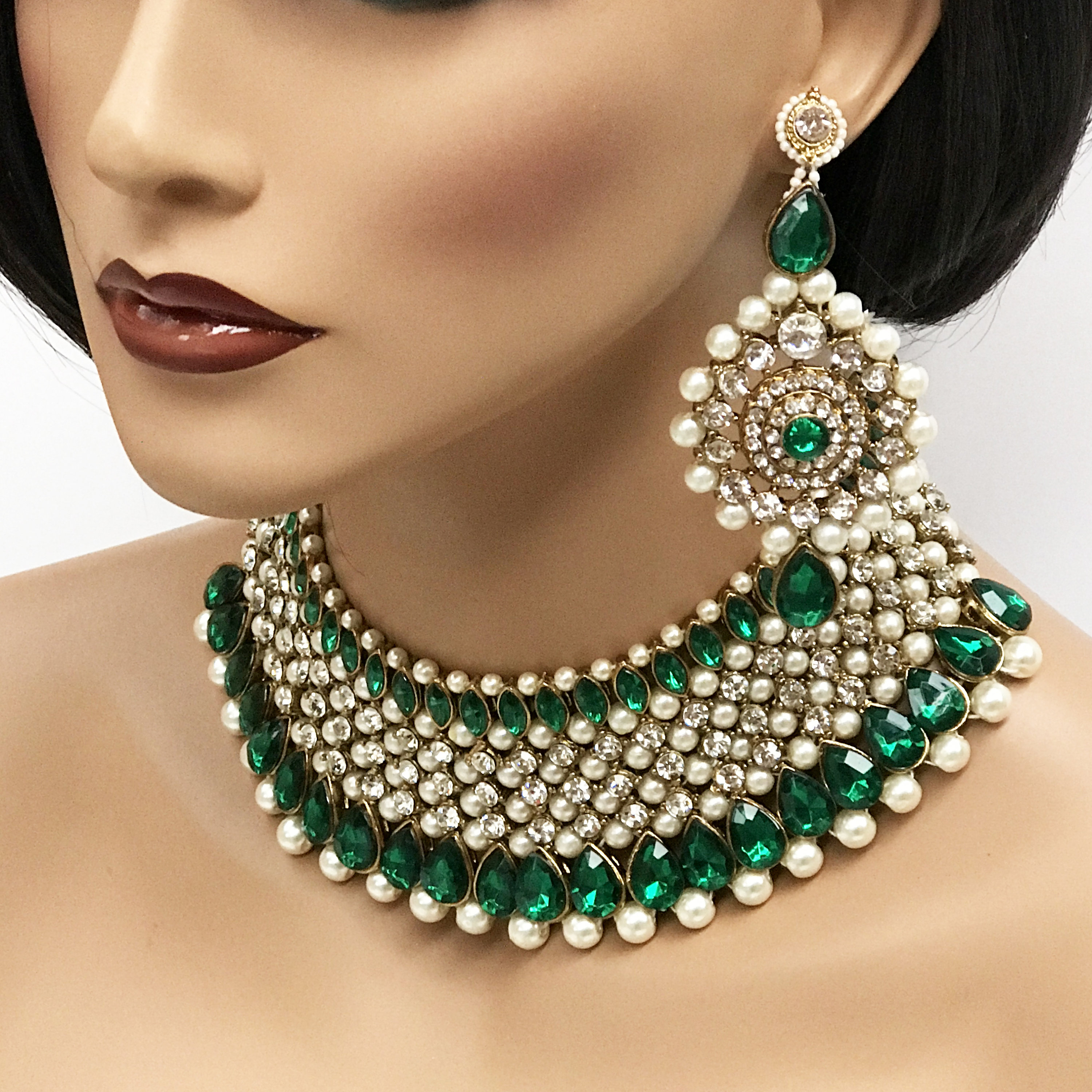 Indian Ethnic Bollywood Gold Tone Pearl Green Kundan Necklace Earrings Jewelry 