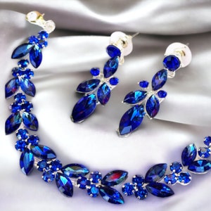 Bridal Jewelry Set, Blue Sapphire Leaf Earrings Bracelet, Bridesmaid Jewelry Set, Prom Jewelry, Crystal Drop Earrings Bracelet Jewelry Set