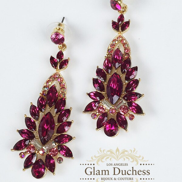 Bridal Ruby Red Crystal Earrings, Victorian Drop Earrings, Bridesmaid Earrings