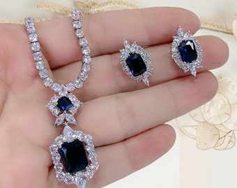 Blue Cubic Zircon Wedding Jewelry Set, Bridesmaid Jewelry Set, Sapphire Evening Necklace Earrings set, Jewelry for Wedding, Prom Jewelry