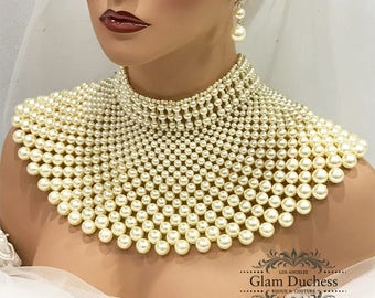 Jewelry for Wedding, Bridal Jewelry Set, Bridal Pearl armor Chunky Bib Choker Necklace Earrings, Wedding Choker, Ivory Pearl Jewelry Set